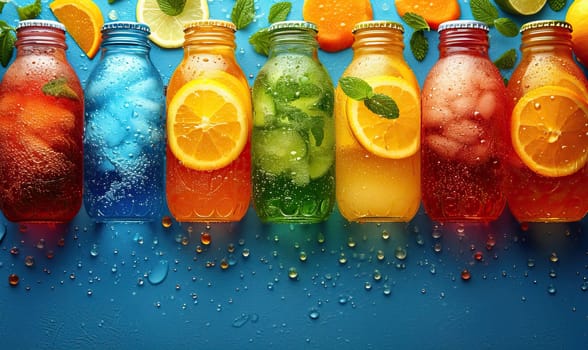 Fruit drinks in bottles on a colored background. Selective soft focus