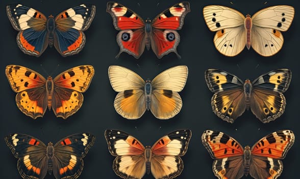 Set of colorful butterflies on a dark background. Selective soft focus