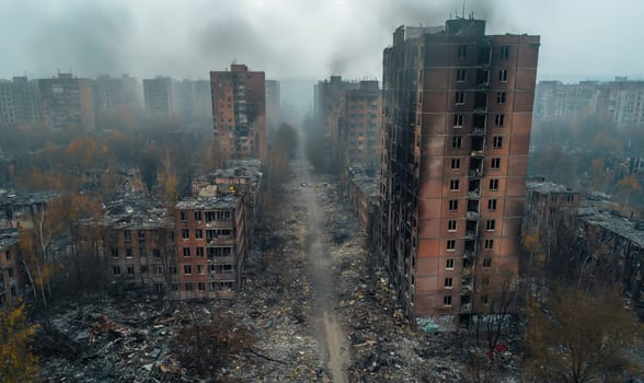 Destroyed residential high-rise buildings in the city. Selective soft focus.