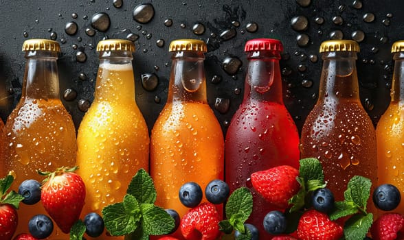 Fruit drinks in bottles on a dark background. Selective soft focus