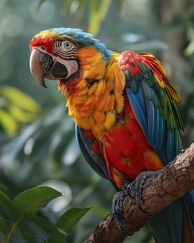 A colorful parrot sits on a branch. Selective soft focus