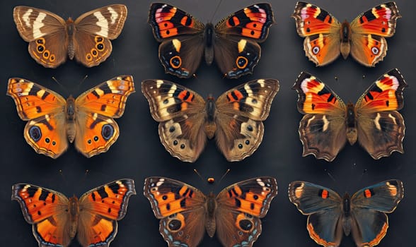 Set of colorful butterflies on a dark background. Selective soft focus