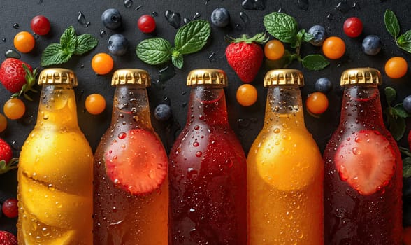 Fruit drinks in bottles on a dark background. Selective soft focus