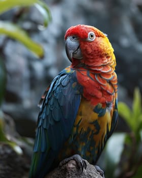 A colorful parrot sits on a branch. Selective soft focus