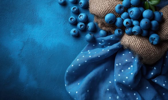 Scattered blueberry on burlap and blue background. Selective soft focus