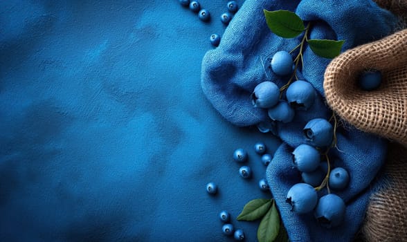 Scattered blueberry on burlap and blue background. Selective soft focus