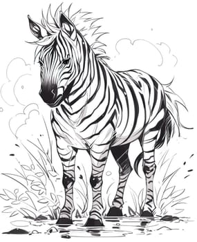 Black and white illustration for coloring animals, zebra. Selective soft focus