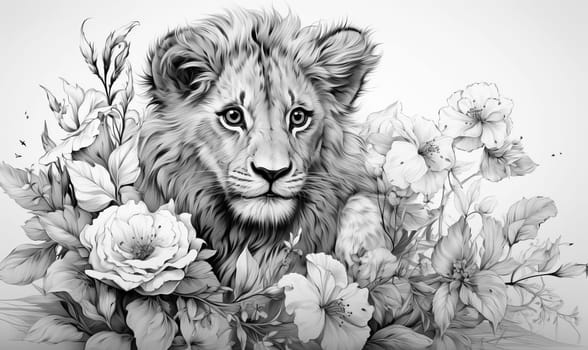 Illustration of a lion cub in black and white. Selective soft focus.