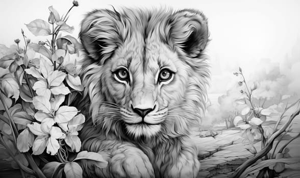 Illustration of a lion cub in black and white. Selective soft focus.