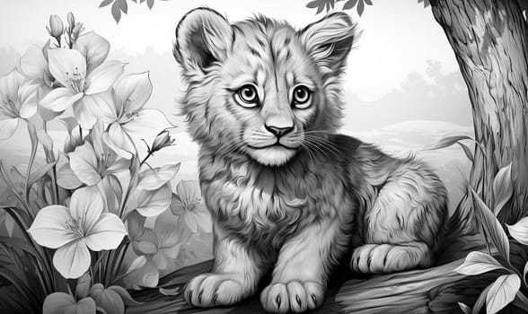 Illustration of a lion cub in black and white. Selective soft focus.