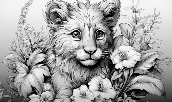 Illustration of a lion cub in black and white. Selective soft focus.