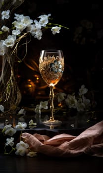 Glass of wine or champagne on a dark background. Selective soft focus