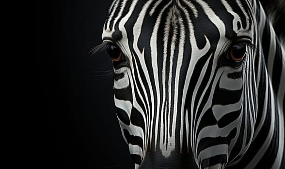 Image of a zebra's face on a black background. Selective soft focus