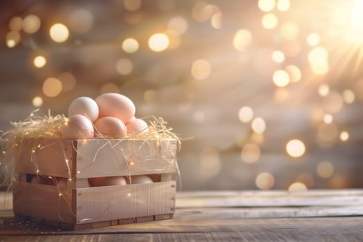 Easter background with box of eggs in the sunlight bokeh ai generated image