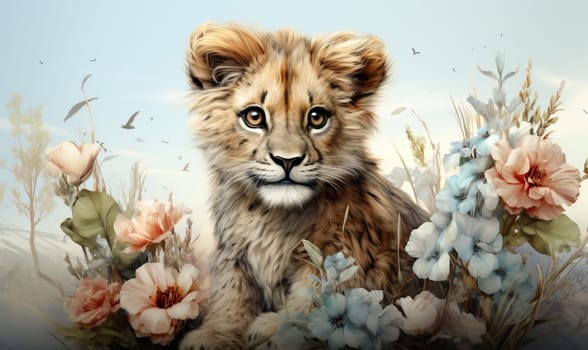 Color illustration of a lion cub on a natural background. Selective soft focus.