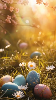 Easter eggs in grass with sunlight background ai generated image