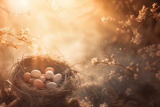 Easter background with basket of eggs in the sunlight ai generated image