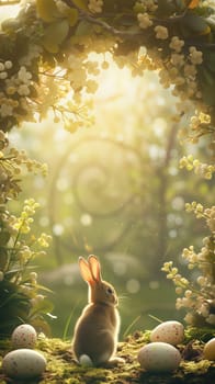 Easter bunny with eggs vertical background ai generated image