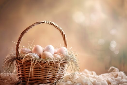 Easter background with basket of eggs in the sunlight ai generated image