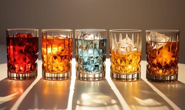 Drinks with ice cubes on a light background. Selective soft focus.