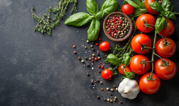 Tomatoes and basil on a dark background. Selective soft focus