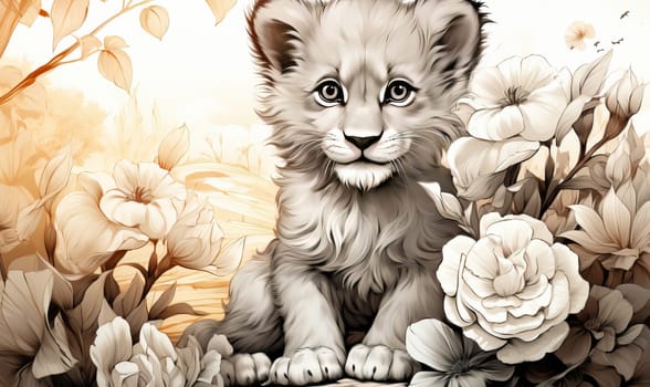 Illustration of a lion cub in black and white. Selective soft focus.