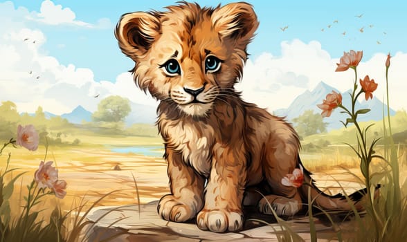 Color illustration of a lion cub on a natural background. Selective soft focus.