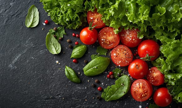 Tomatoes and basil on a dark background. Selective soft focus