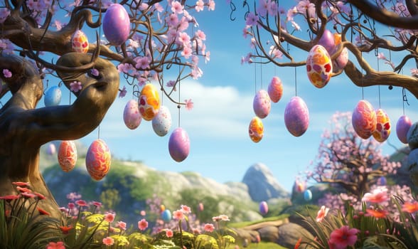 3D, cartoon Easter eggs hanging on tree branches. Selective soft focus.