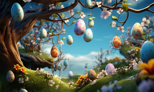 3D, cartoon Easter eggs hanging on tree branches. Selective soft focus.