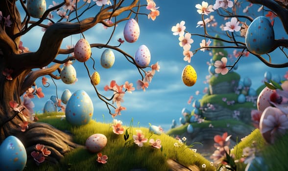 3D, cartoon Easter eggs hanging on tree branches. Selective soft focus.