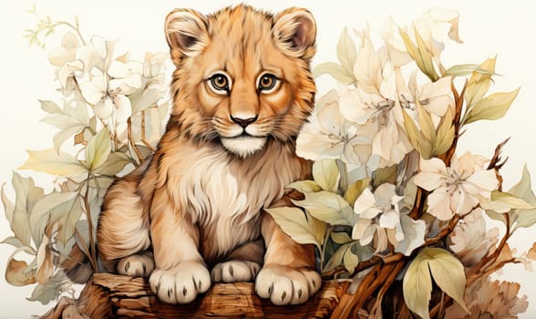 Color illustration of a lion cub on a natural background. Selective soft focus.