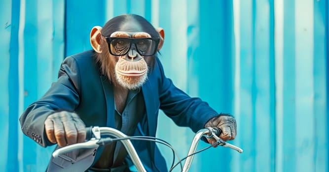 a chimpanzee wearing a suit and goggles is riding a bicycle . High quality