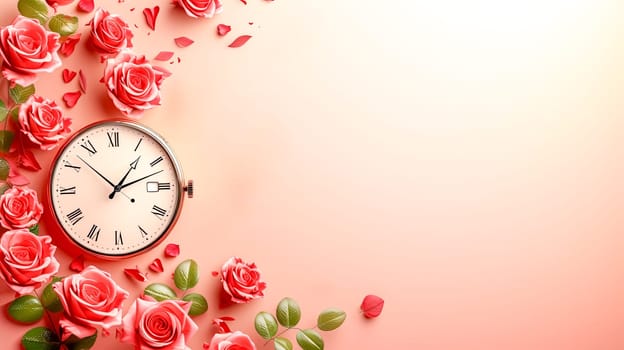 A clock is encircled by red roses on a lovely pink background, creating a happy and vibrant display of flowers and time