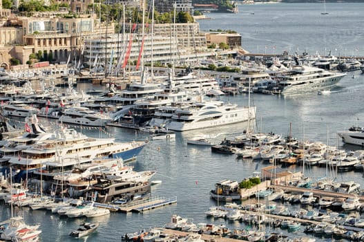 Monaco, Monte Carlo, 01 October 2022 - The famous motorboat exhibition at morning, mega yacht show, novelties of the boating industry. High quality photo