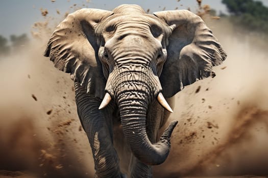 A huge elephant walks in clouds of gray dust.