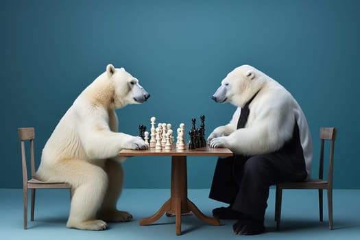 Two polar bears play chess against a blue wall.