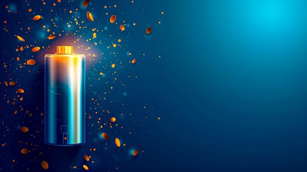 An electric blue battery is exploding with sparks on a blue background, creating a dramatic lighting effect reminiscent of a street light or candle in an atmospheric event