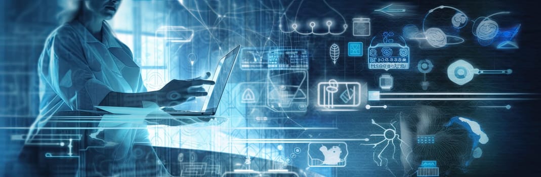 Hands typing on keyboard. Programming online database. Data processing center concept