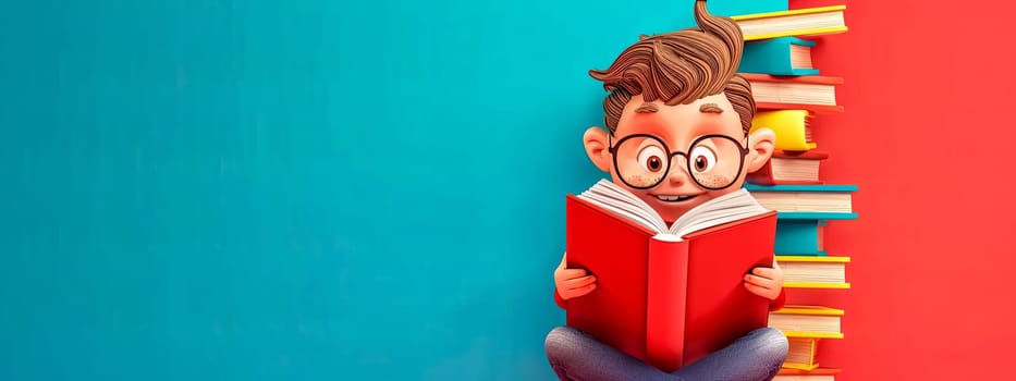 The cartoon boy is happily reading a book in front of a stack of books. The scene is filled with fun and excitement as he explores the world of fiction through animation and art