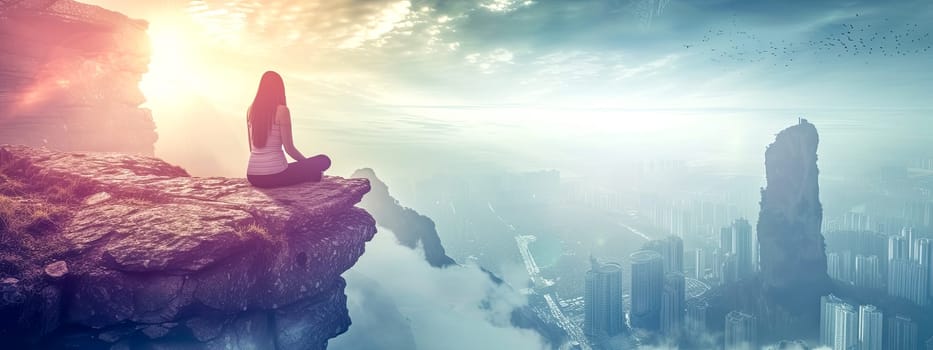 A woman perched on the cliffs edge gazes at the city below, with the sky filled with cumulus clouds and the horizon painted in shades of liquid blue