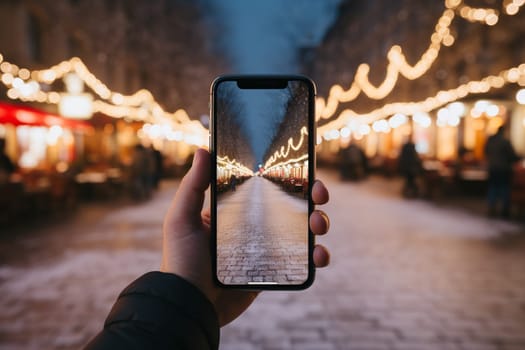 A man holds a smartphone in his hand on a city street in the evening.