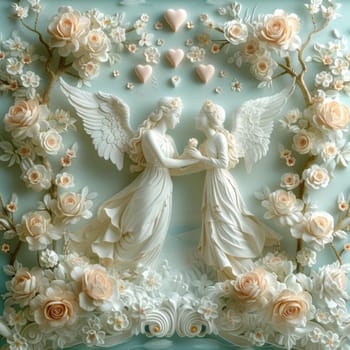 A wedding cake adorned with two angel figurines on top, symbolizing love and celebration.