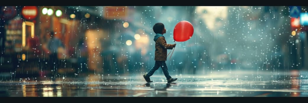 A child walks in the rain while holding a red balloon.