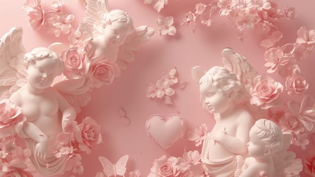 A photo showcasing a pink wall adorned with angel statues and blooming flowers.