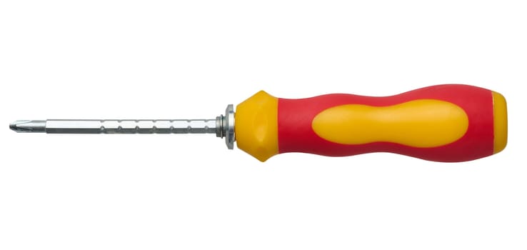 Screwdriver with rubber red handle on isolated background, close up