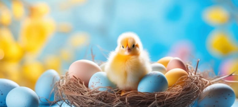 A fluffy yellow chick sits amidst colorful speckled Easter eggs, symbolizing spring and festivity.