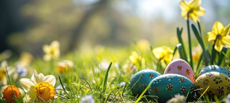 Colorful Easter eggs hidden in fresh, blooming daffodils signify the joy of springtime festivities.