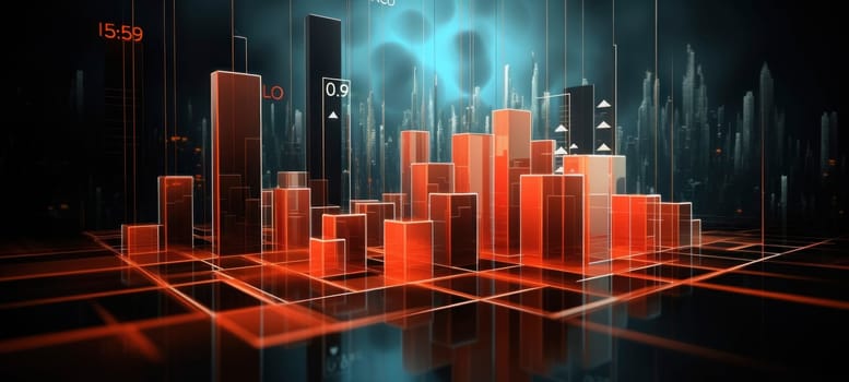 Digital illustration of a futuristic city skyline overlaid with glowing, holographic financial bar graphs and analytical data.