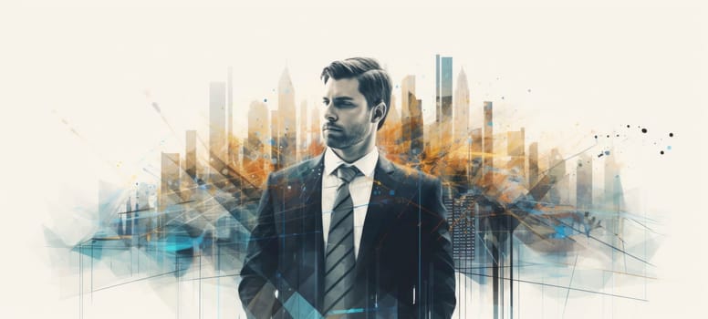 Abstract artwork blending a thoughtful businessman with a vibrant, dynamic cityscape in the background.
